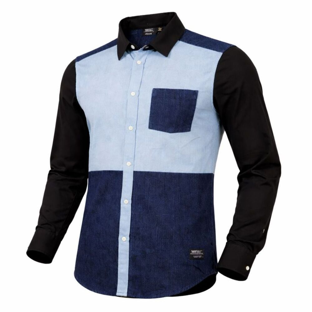 WeSC Oden Men Small Indigo Colorblock Chambray Western Shirt O415955T Denim-Look